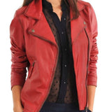 Womens Assymetrical Motorbike Red Leather Jacket