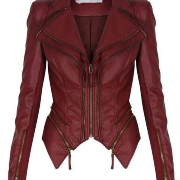 Womens Toxedo Moto Burgundy Blazer Leather Jacket