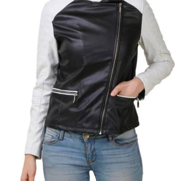 Womens Biker Black Leather Jacket White Sleeves