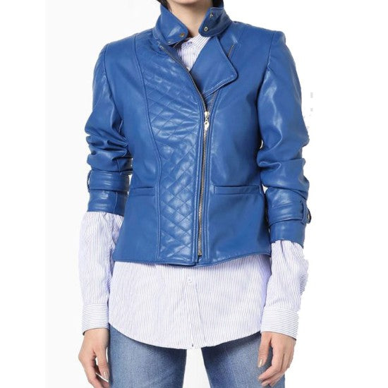 Assymetrical Zipper Motorbike Blue Leather Jacket