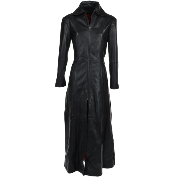 Women's Black Long Length Gothic Leather Trench Long Overcoat