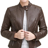 Womens Quilted Sleeves Brown Leather Jacket