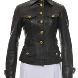 Women's Shirt Collar Style Black Leather Jacket